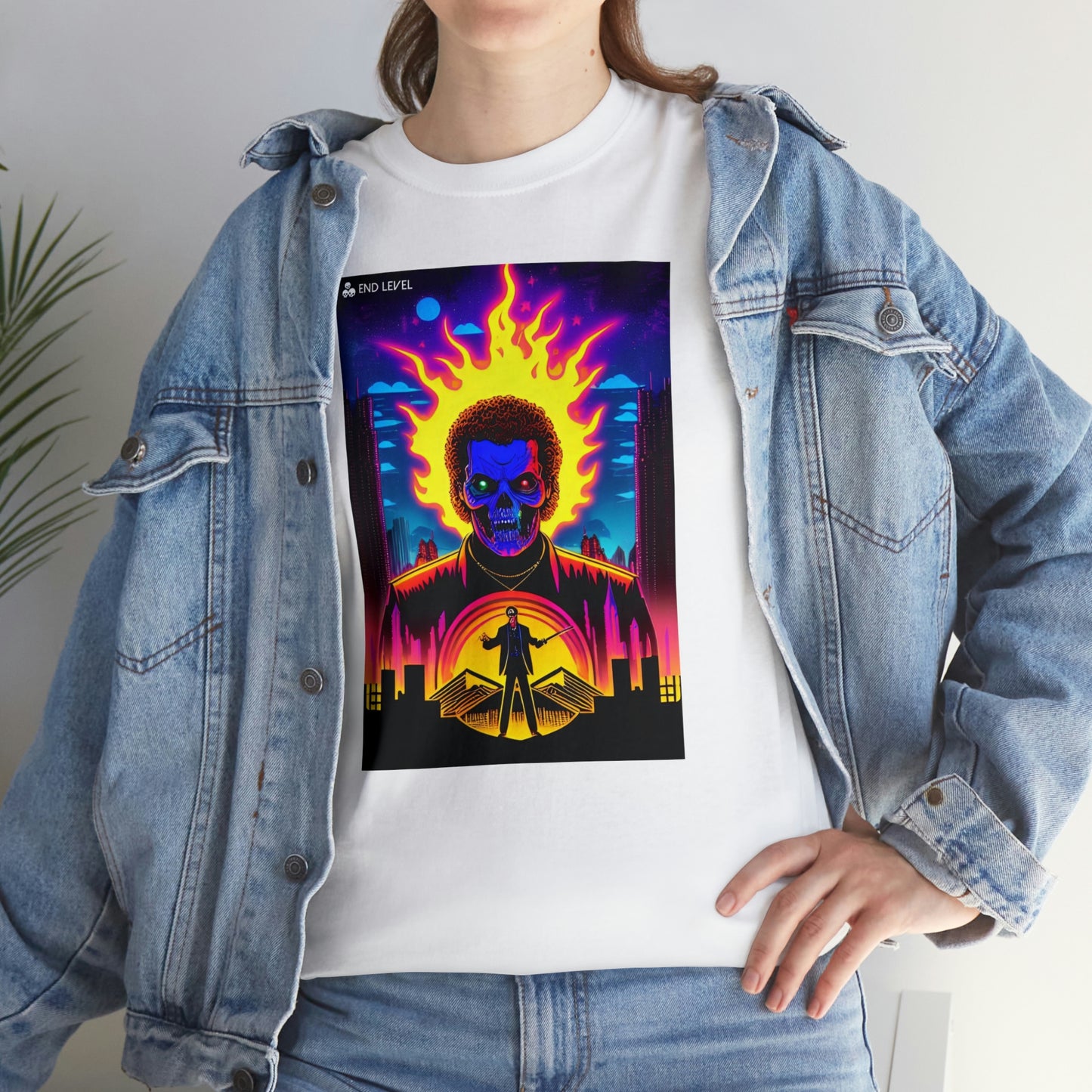 Woman wearing Rooster Samurai design white tee with hand on hip.