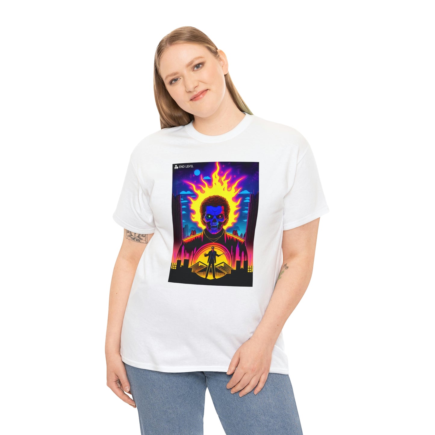 Woman wearing Rooster Samurai white tee with hand on right side.