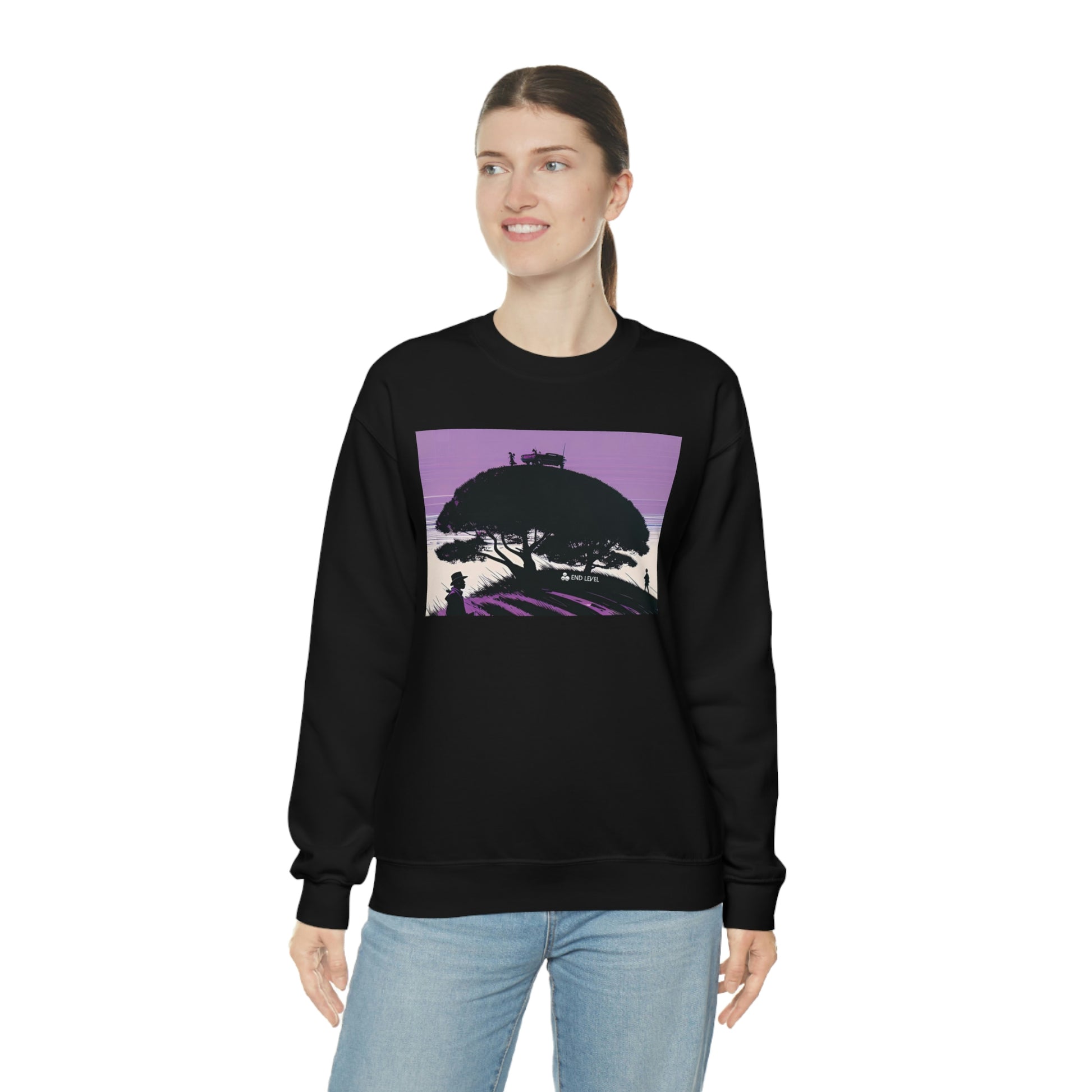 Woman wearing Tough Parking black sweatshirt with blue jeans.