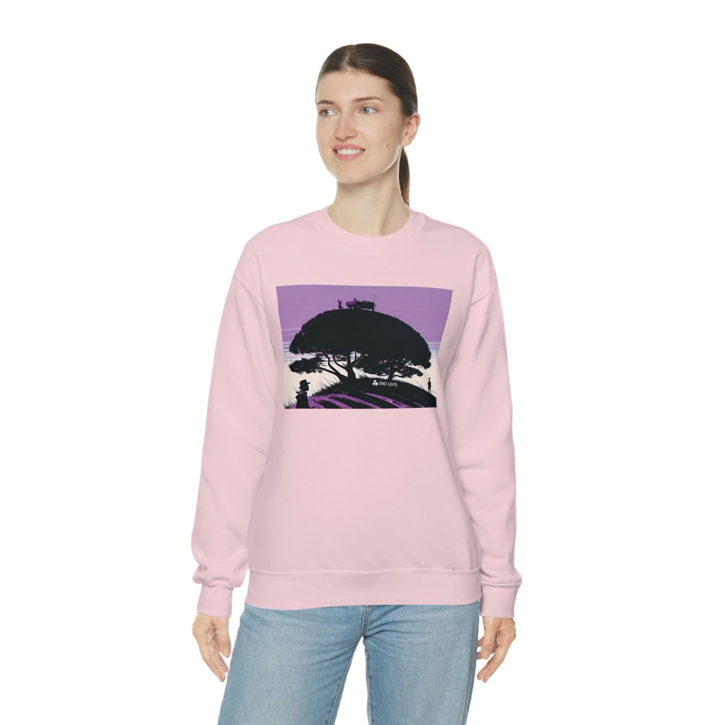 Woman wearing Tough Parking pink sweatshirt with blue jeans.