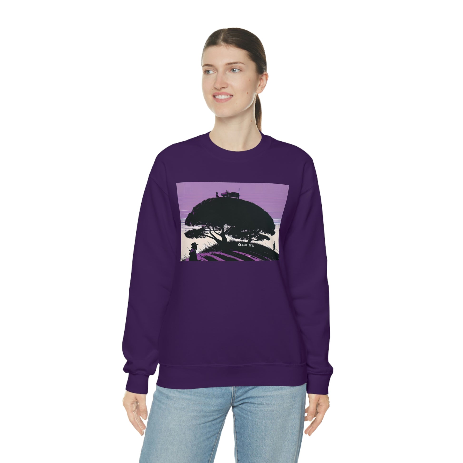 Woman wearing Tough Parking purple sweatshirt with blue jeans.