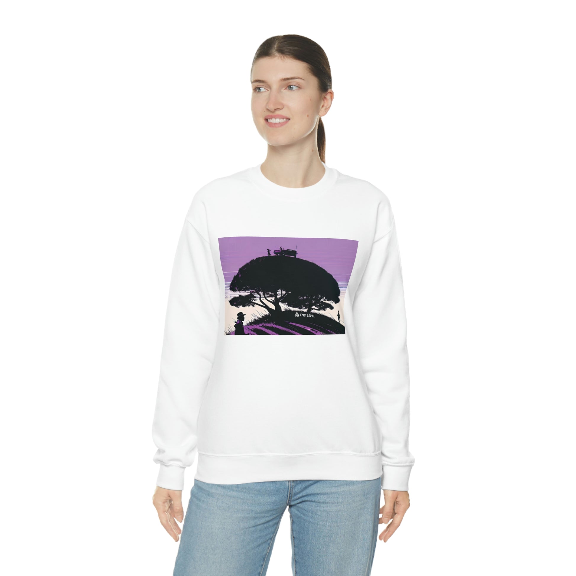 Woman wearing Tough Parking white sweatshirt with blue jeans.