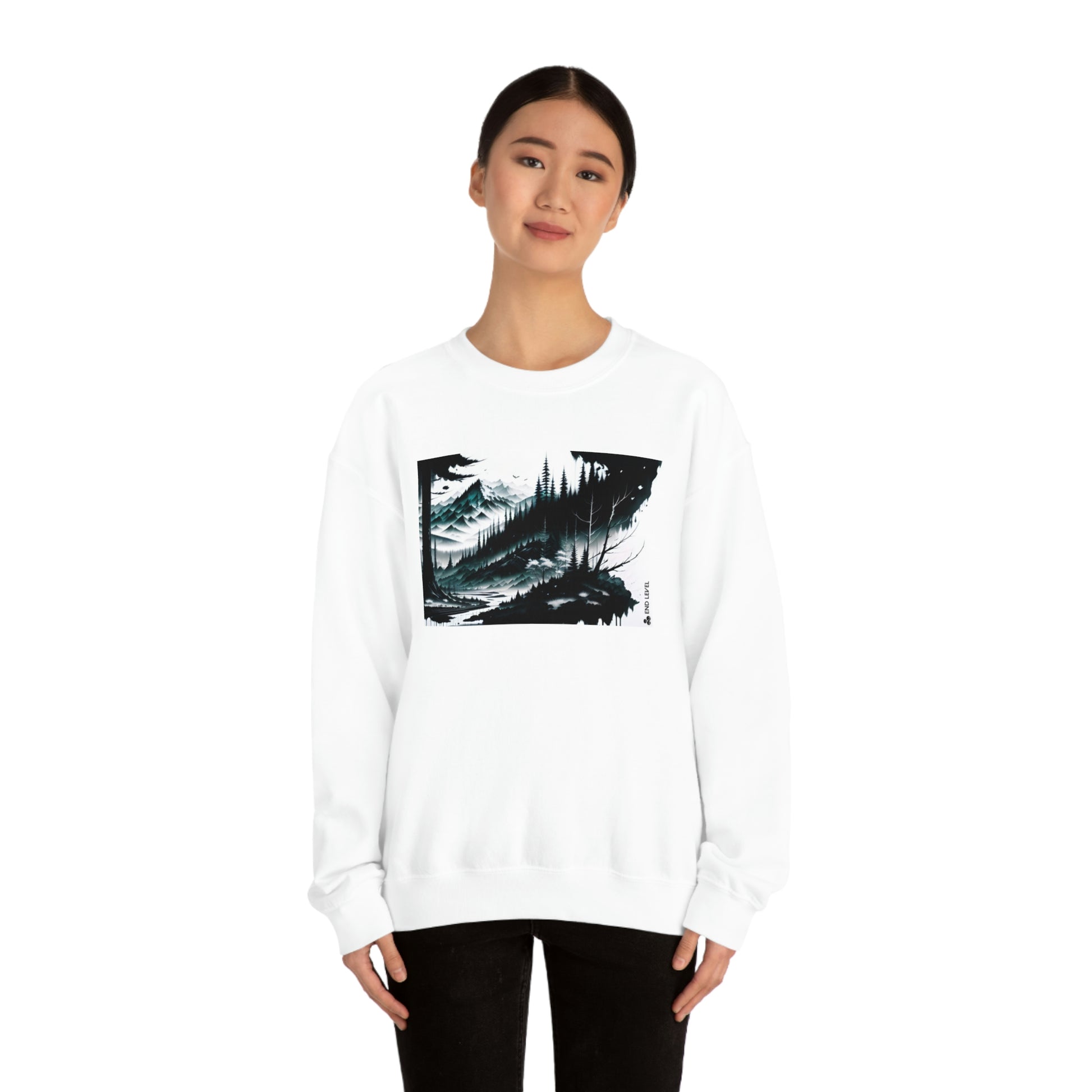 Woman wearing Grim Peak white sweatshirt with black pants.
