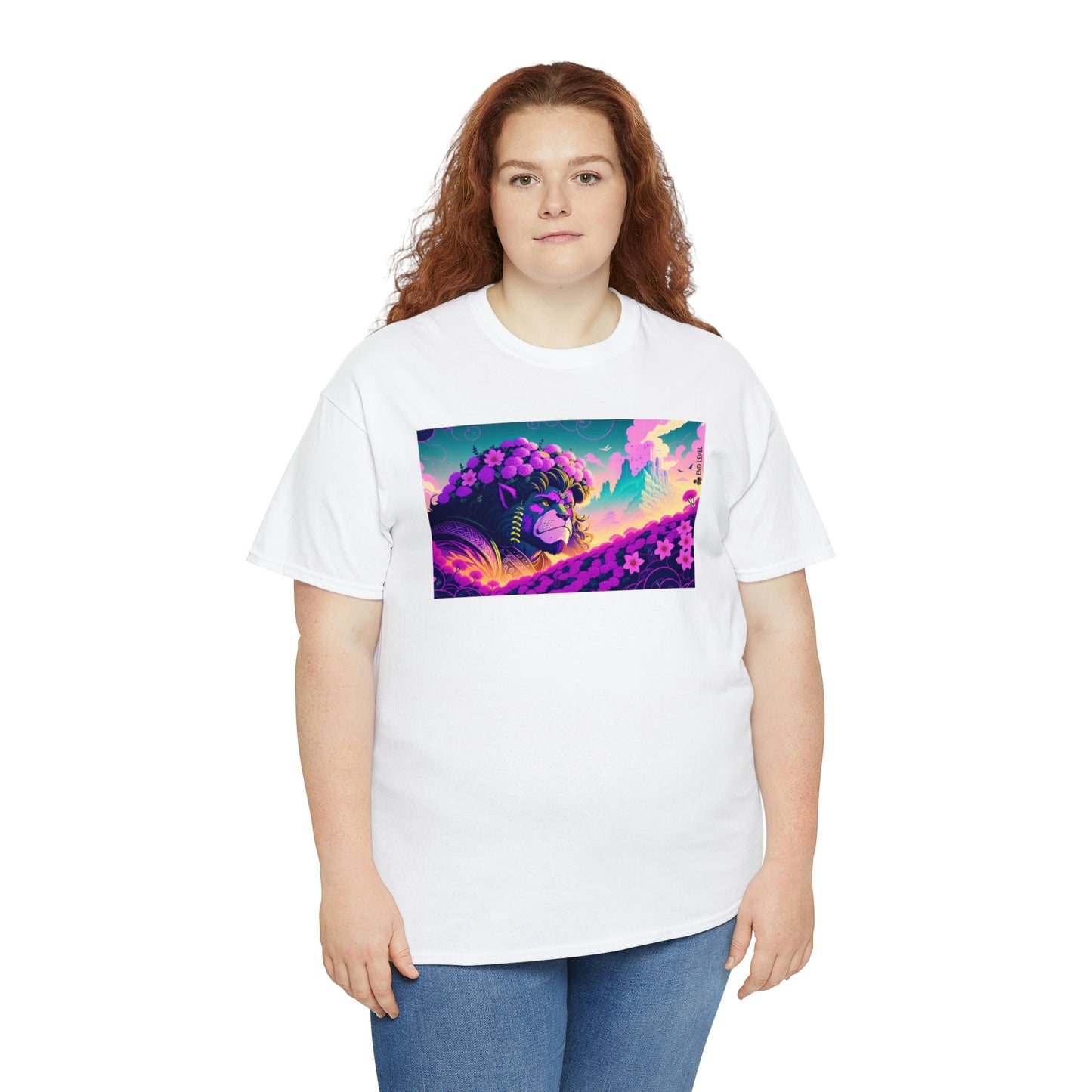 Woman wearing white King Blossom tee with red hair.