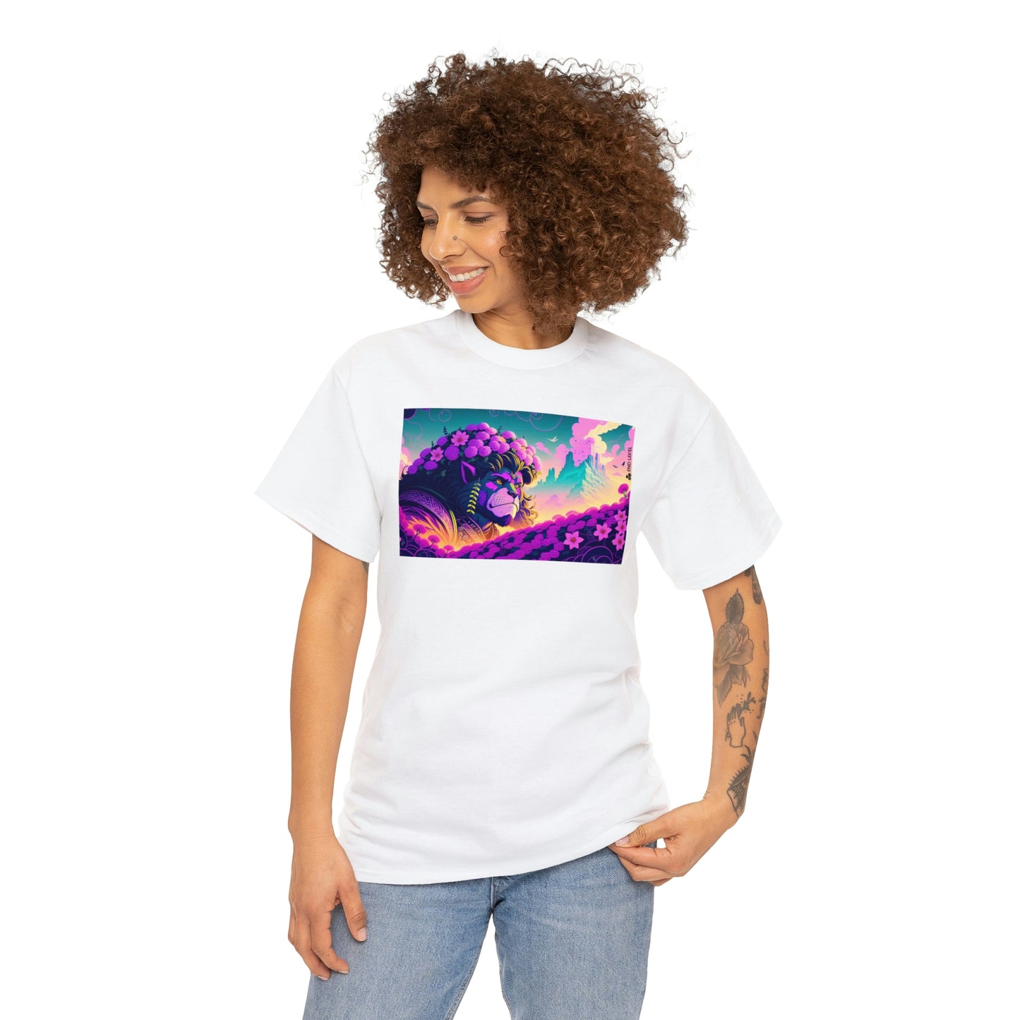 Woman wearing white King Blossom tee looking right with hand on left hip.