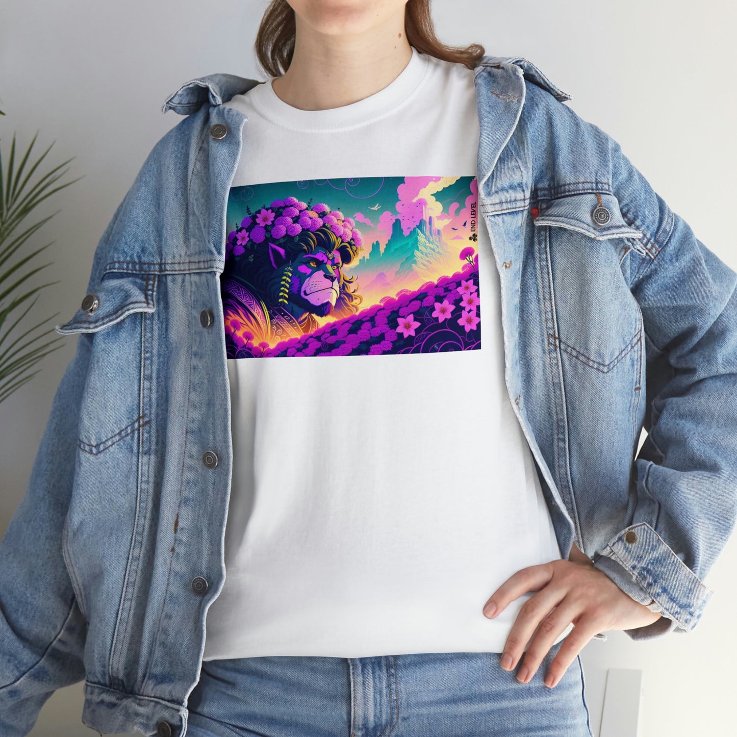 Woman wearing white King Blossom tee with hand on hip.