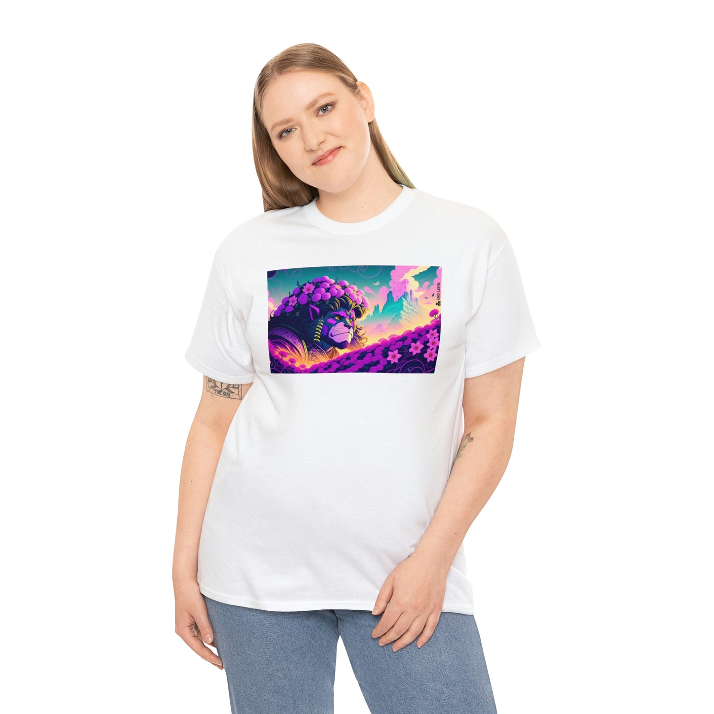 Woman wearing white King Blossom tee with hand on right side.