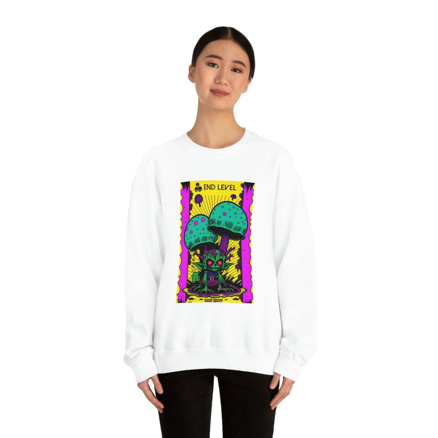 Woman wearing white Tea Time sweatshirt with black pants.