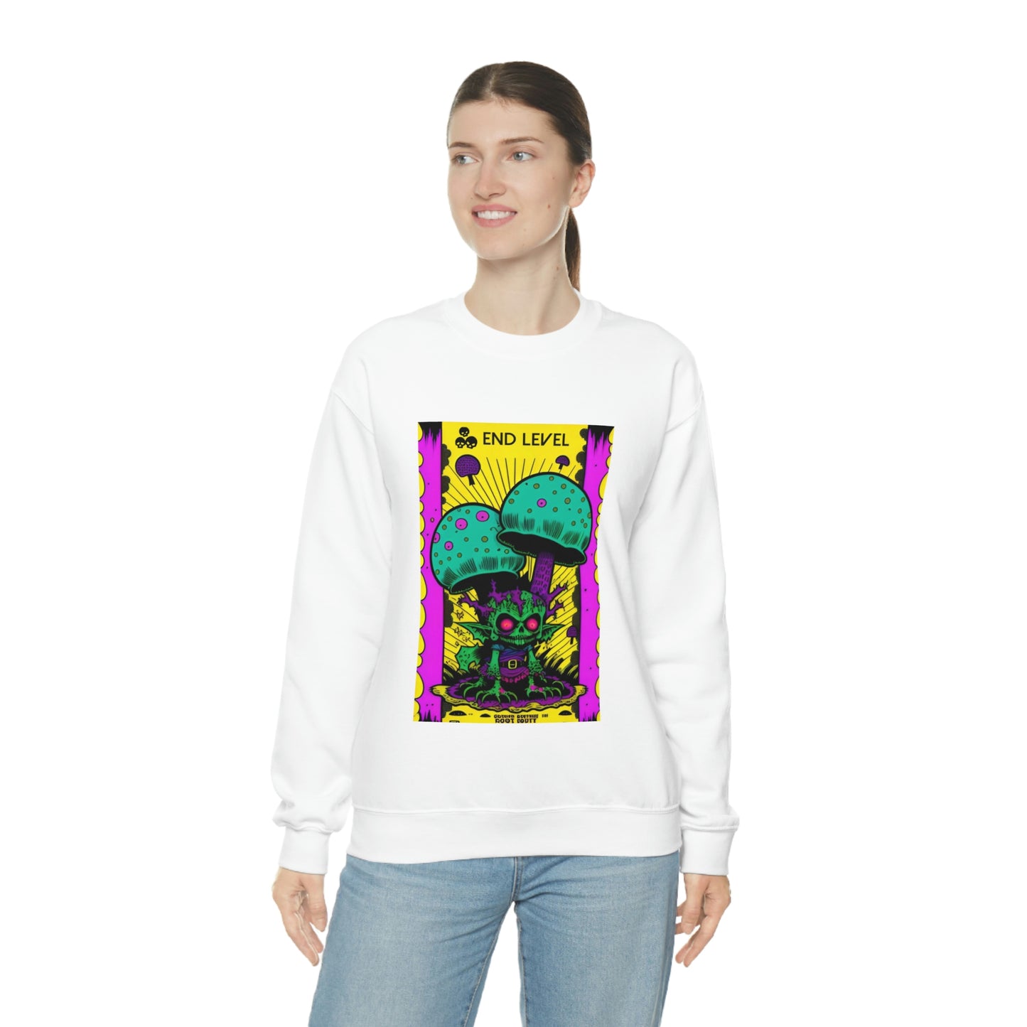 Woman wearing white Tea Time sweatshirt with blue jeans.