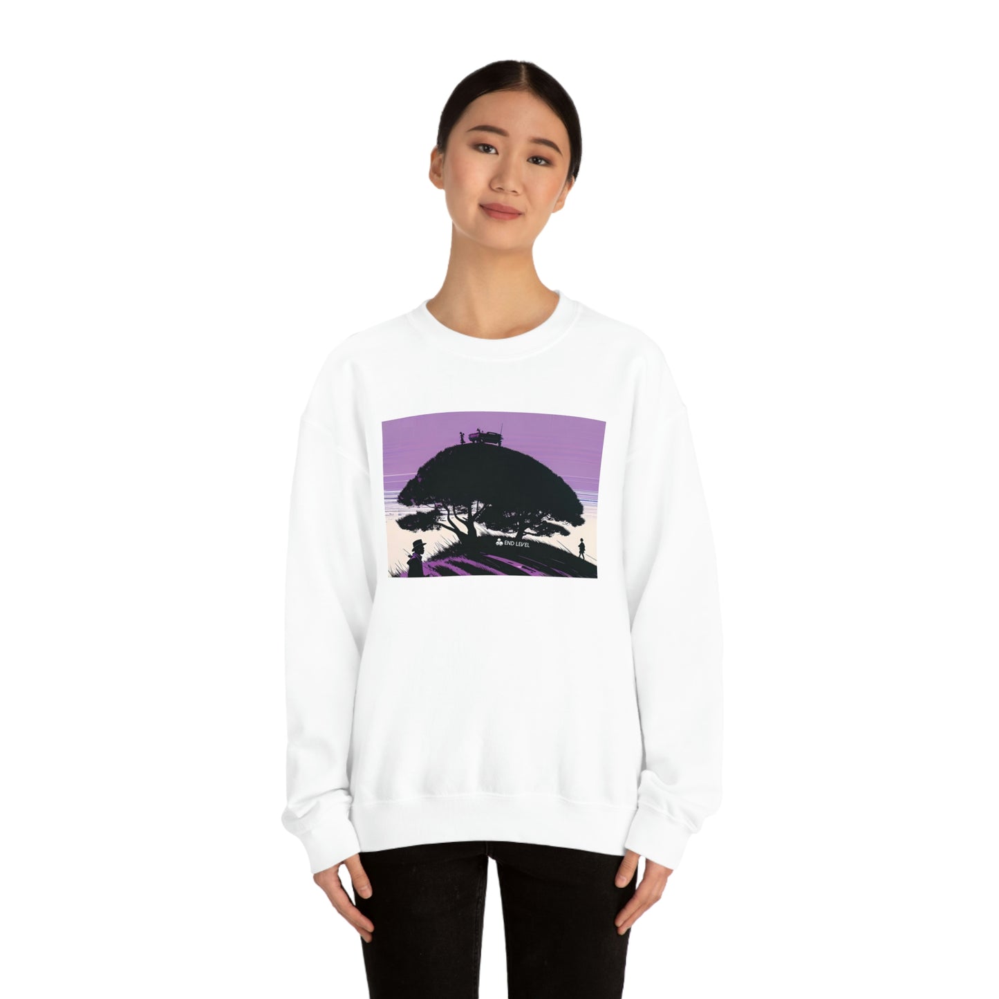 Woman wearing Tough Parking white sweatshirt with black pants.