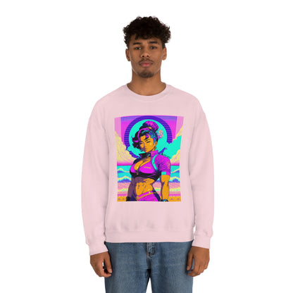 Man wearing pink Lady Lotus sweatshirt with blue jeans.