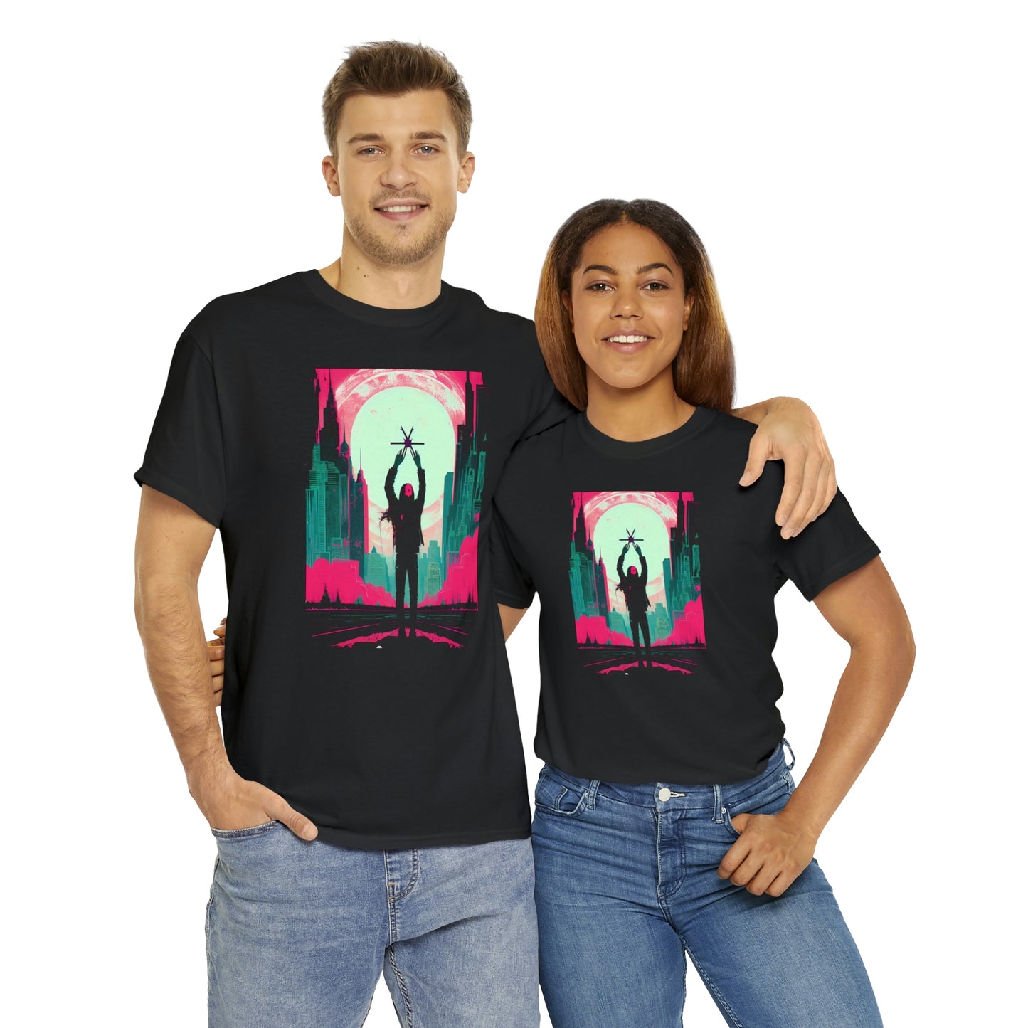 Couple wearing black Last Hands Raised tee embracing each other.