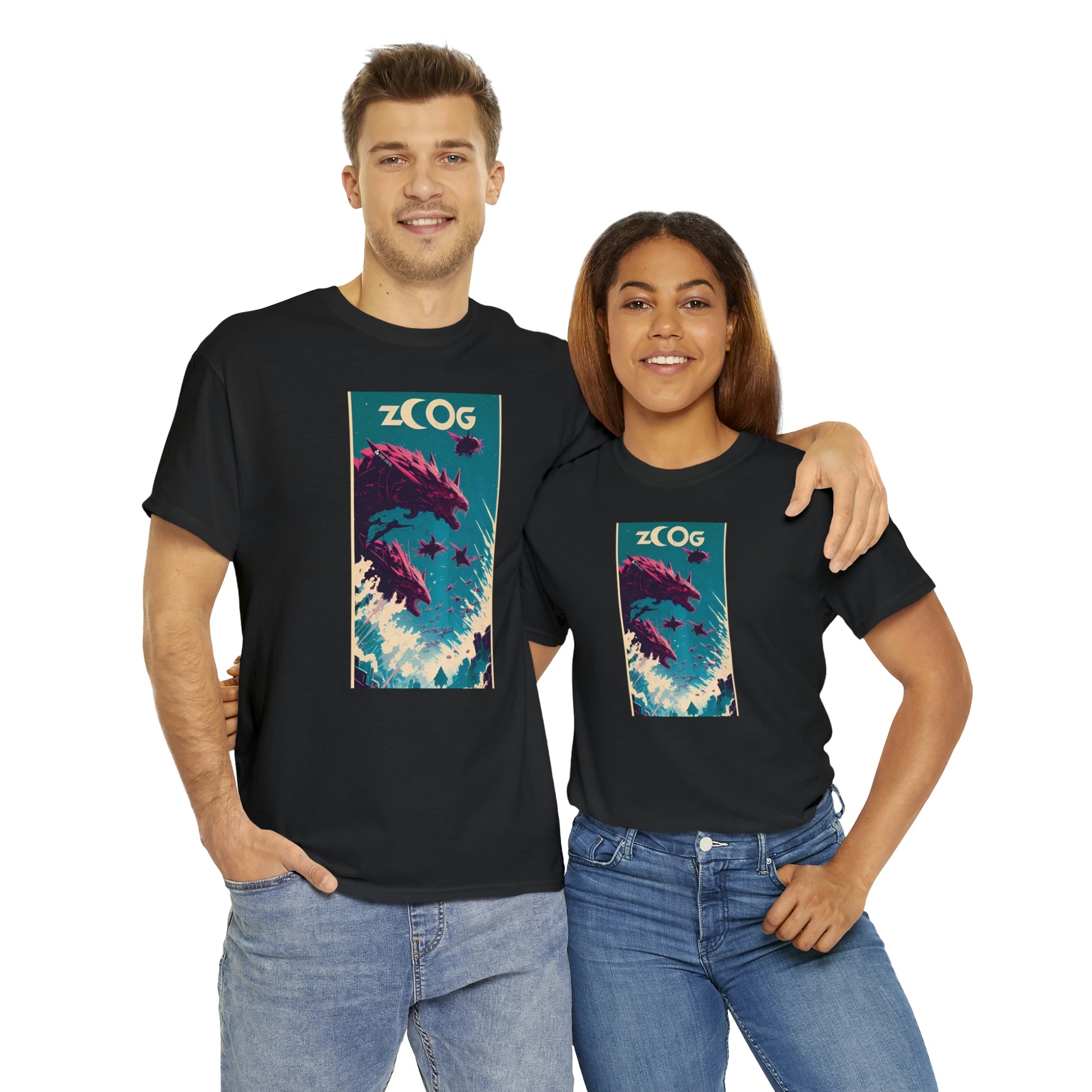 Couple wearing black Wolf Wyrm tee embracing each other.