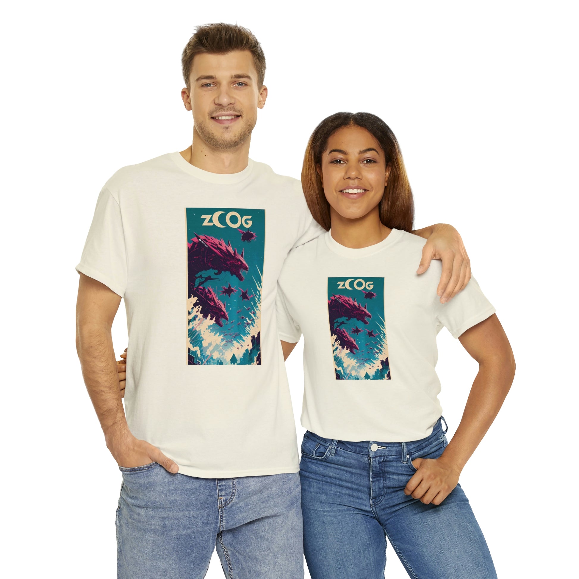 Couple wearing cream Wolf Wyrm tee embracing each other.