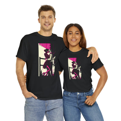 Couple wearing black Deadly Romance tee embracing each other.