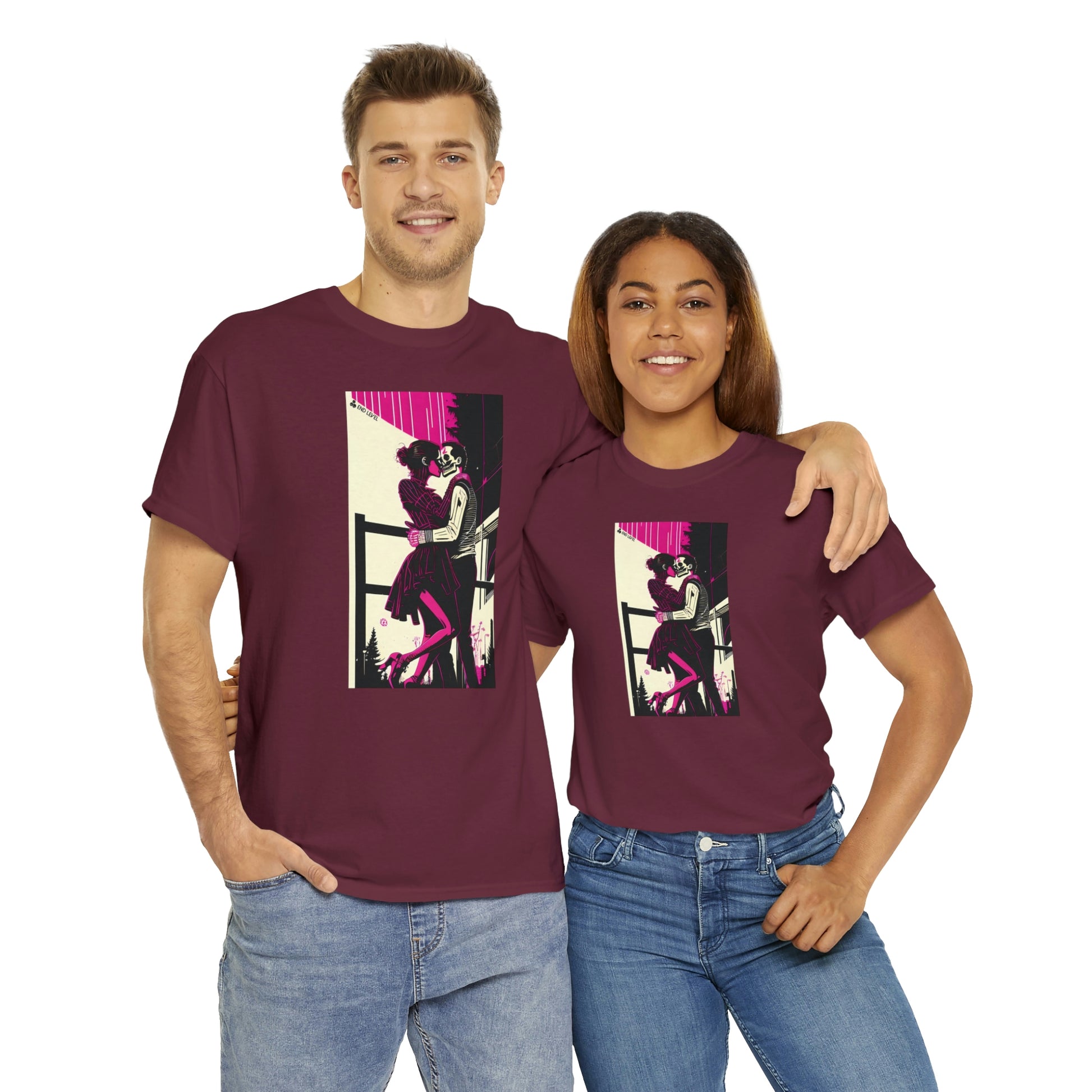 Couple wearing maroon Deadly Romance tee embracing each other.