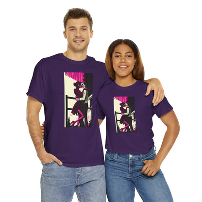 Couple wearing purple Deadly Romance tee embracing each other.