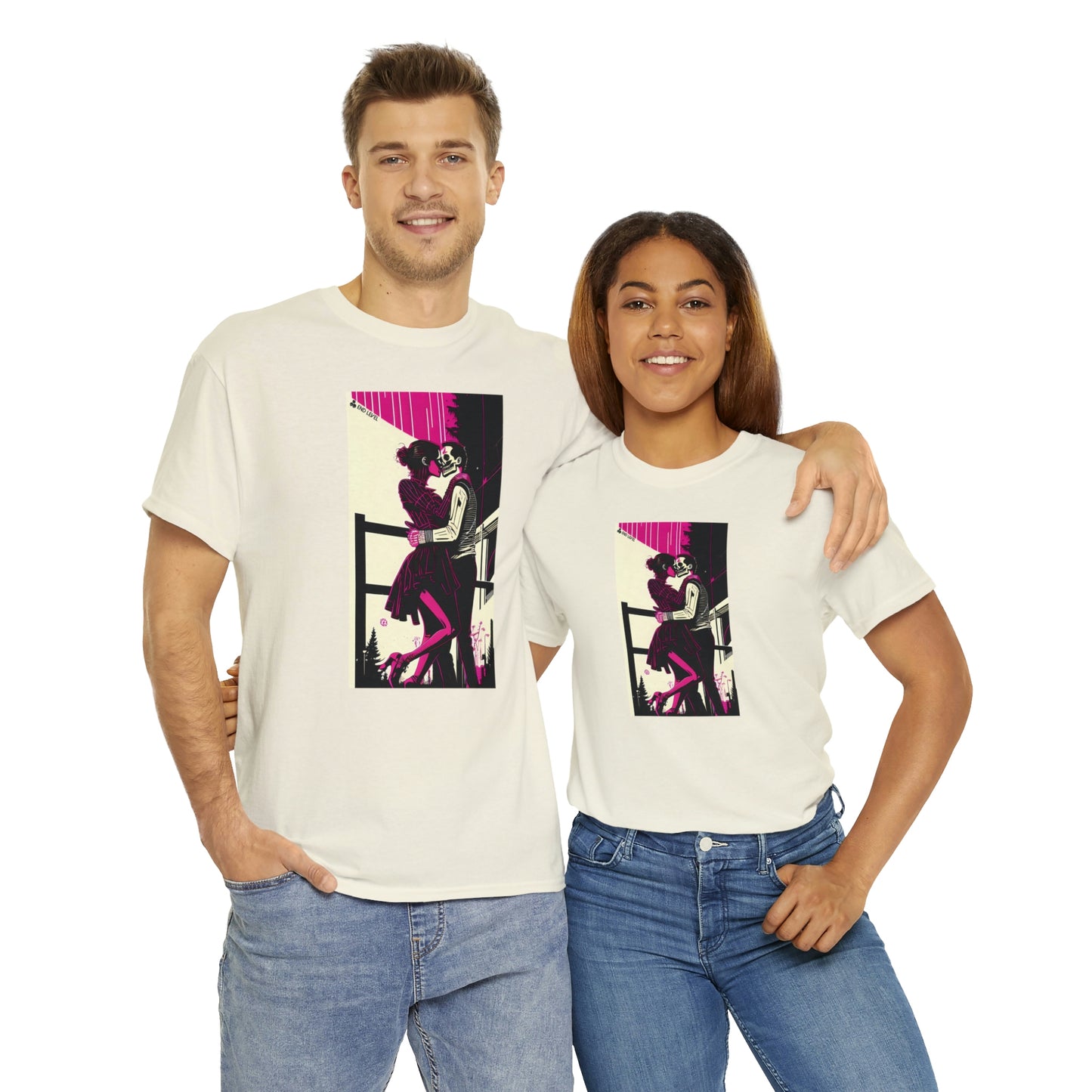 Couple wearing tan Deadly Romance tee embracing each other.