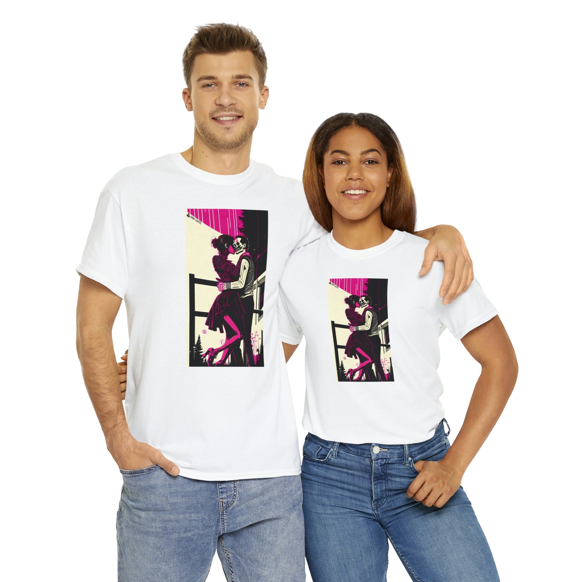 Couple wearing white Deadly Romance tee embracing each other.