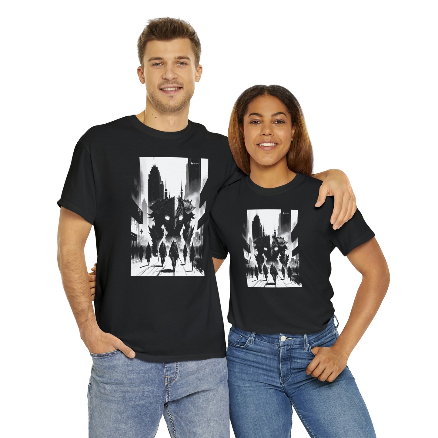 Couple wearing Invasion black tee embracing each other.