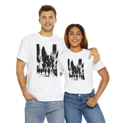 Couple wearing Invasion white tee embracing each other.