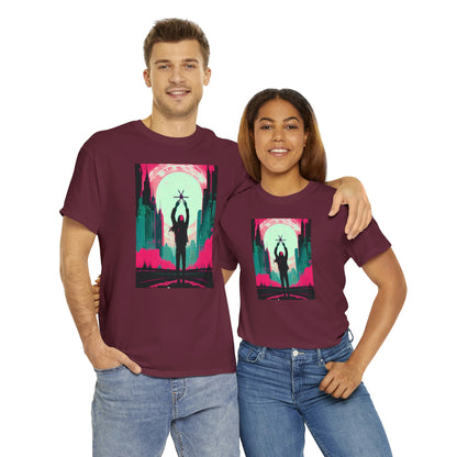 Couple wearing maroon Last Hands Raised tee embracing each other.