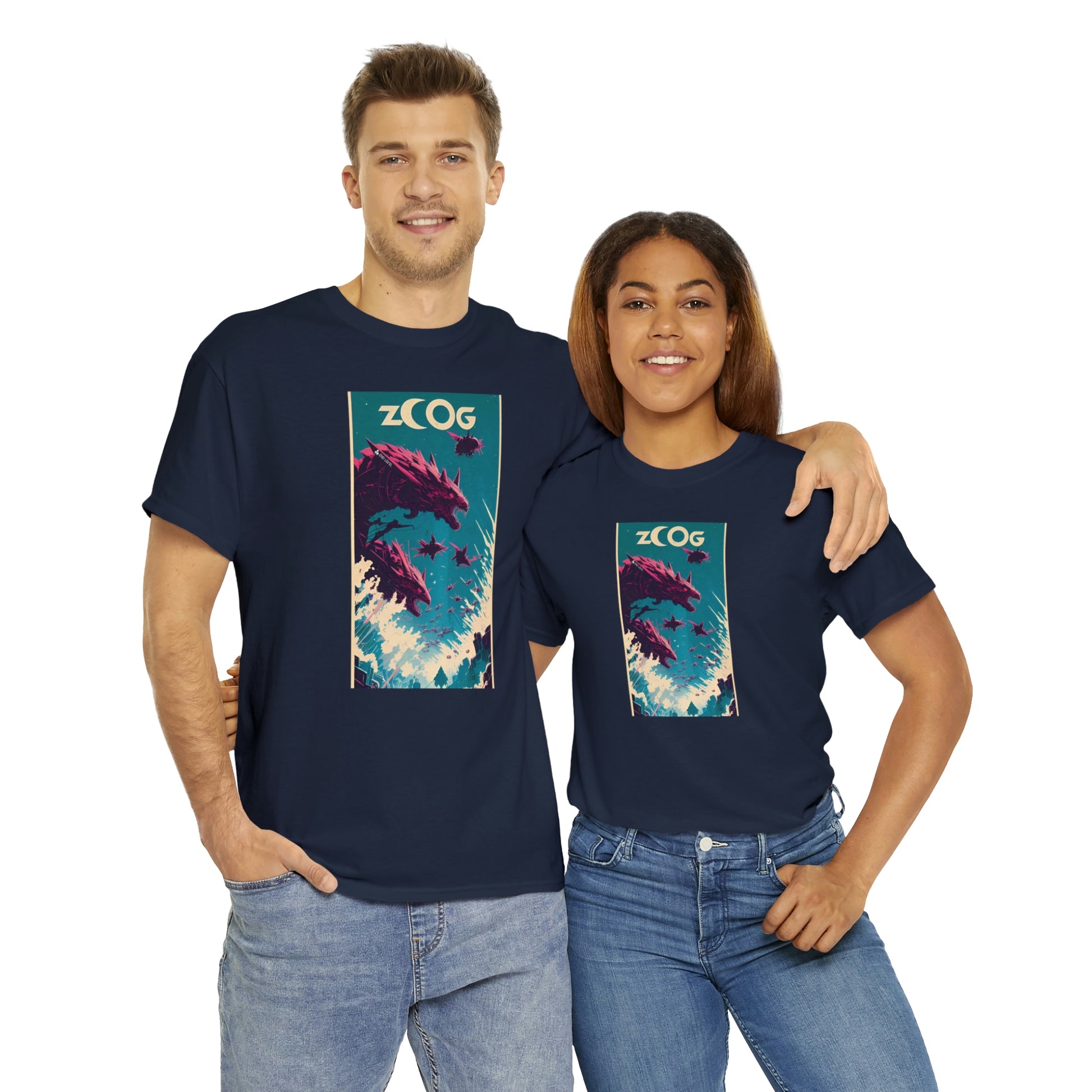 Couple wearing navy Wolf Wyrm tee embracing each other.