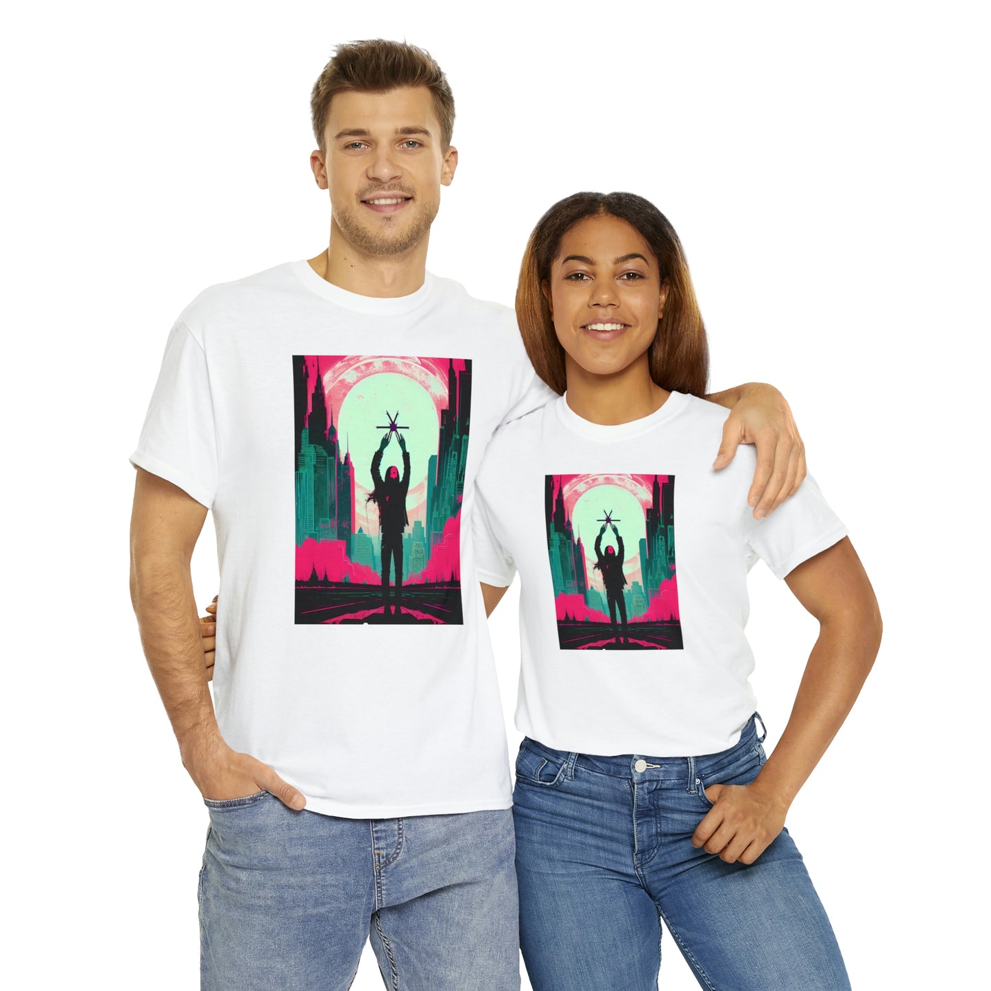 Couple wearing white Last Hands Raised tee embracing each other.