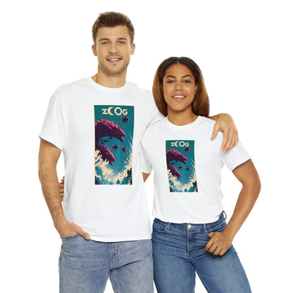 Couple wearing white Wolf Wyrm tee embracing each other.