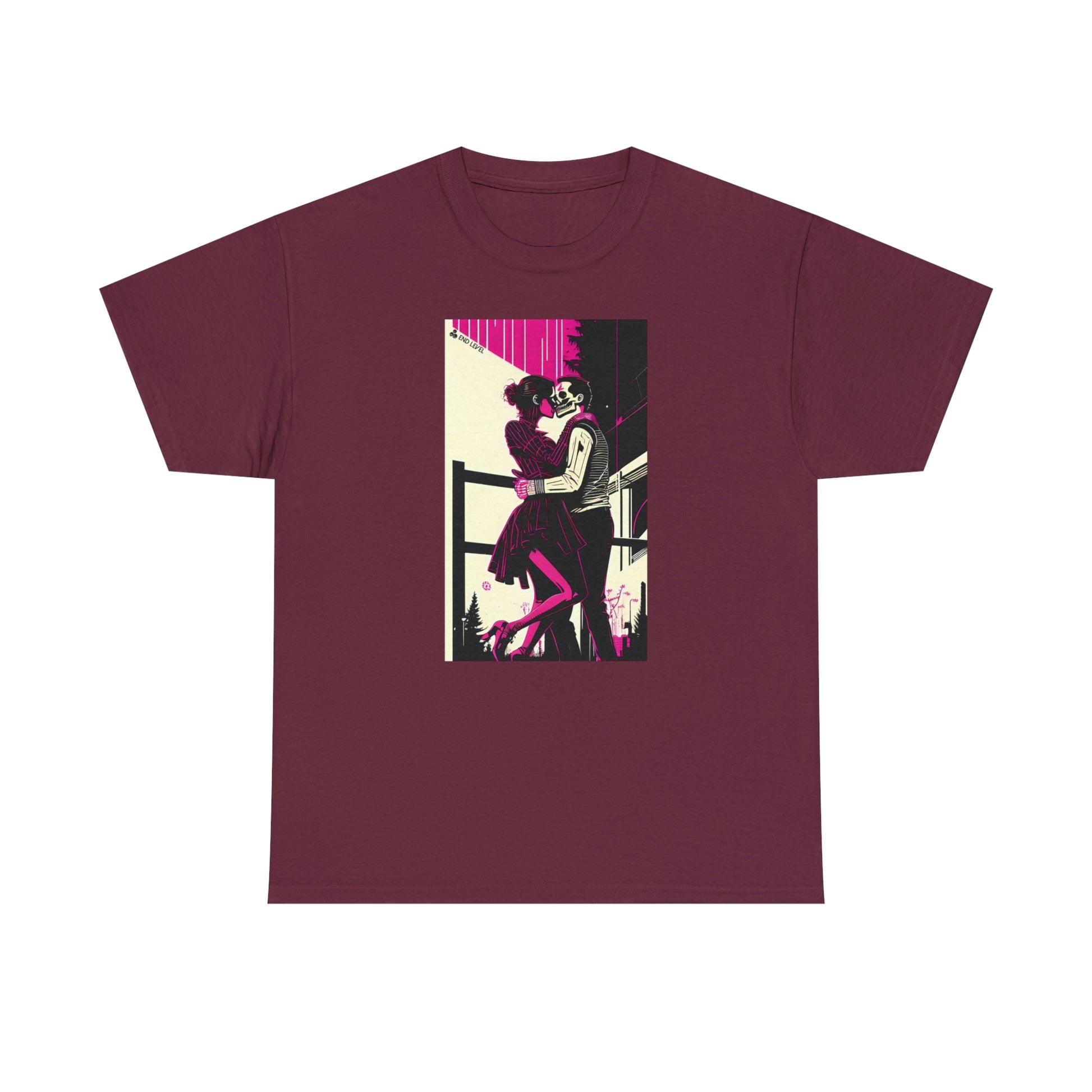 Maroon tee with Deadly Romance design.