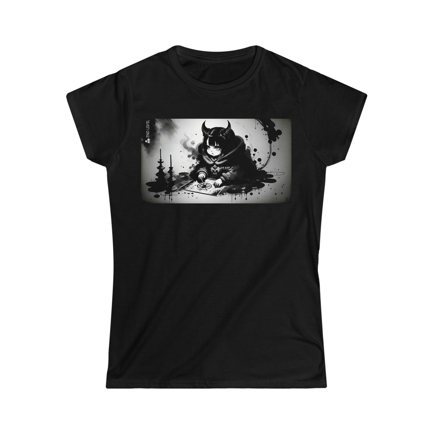 Black ladies tee with Lil Witch design.