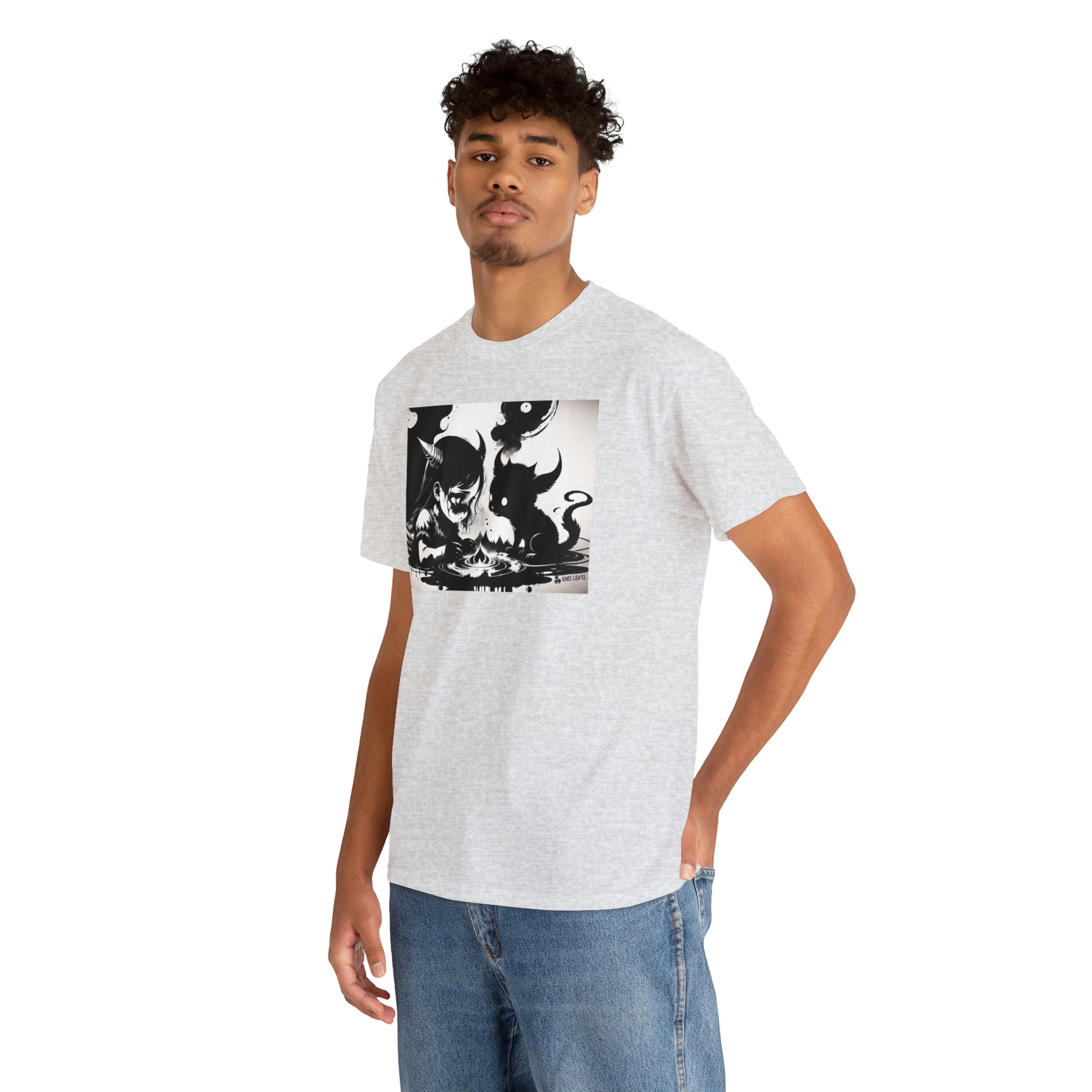 Man wearing Best Friends heather tee with hand in back pocket.