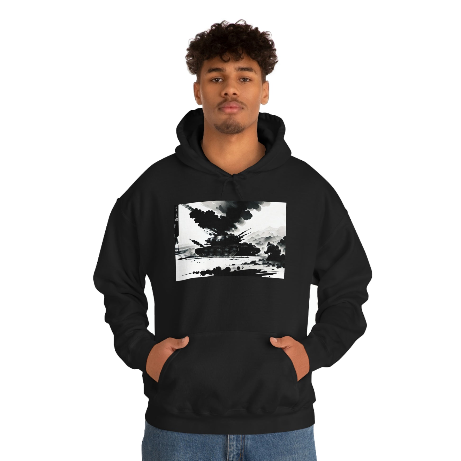 Man wearing black Smoke hoodie with both hands in pouch pocket.