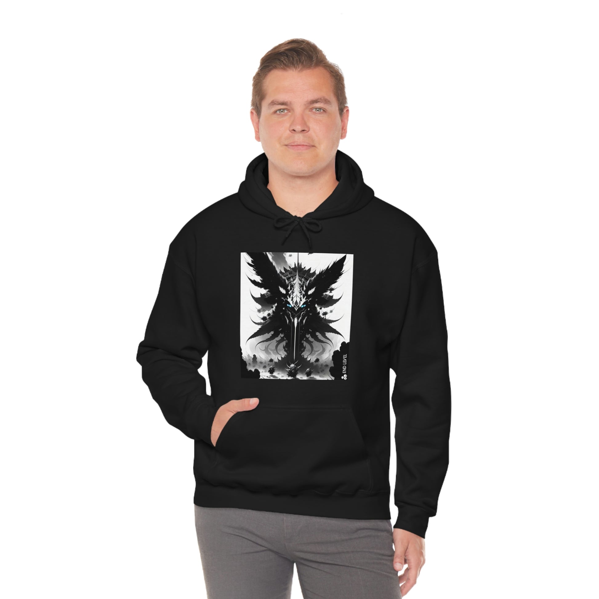 Man wearing black Swarm hoodie with hand in right pouch.