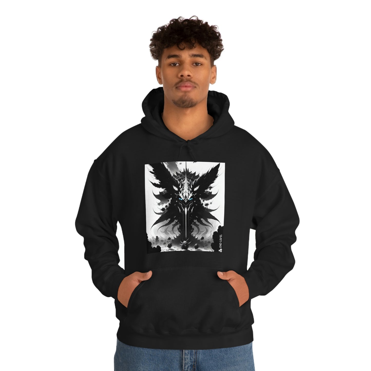 Man wearing black Swarm hoodie with both hands in pouch pocket.