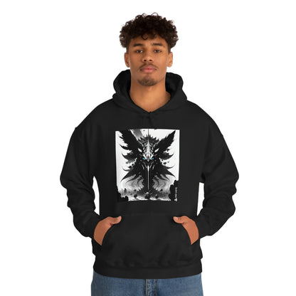 Man wearing black Swarm hoodie with both hands in pouch pocket.