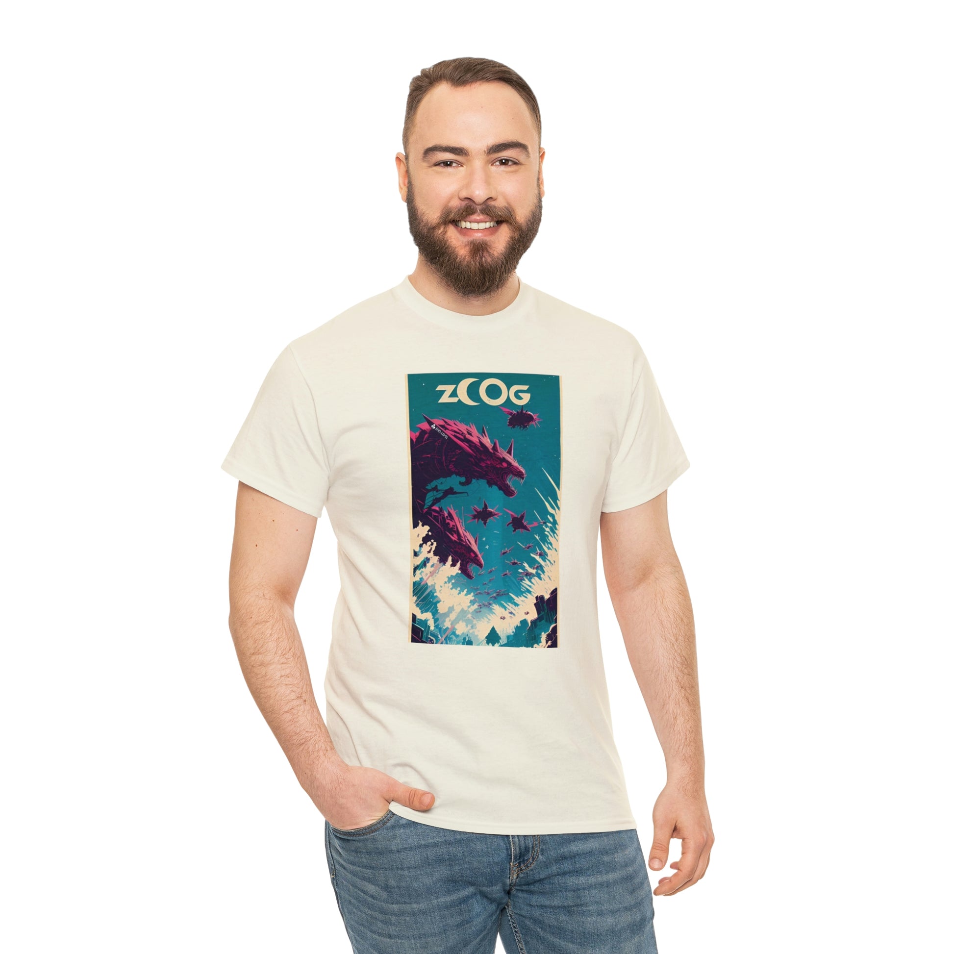 Man wearing cream Wolf Wyrm tee with hand in right pocket.