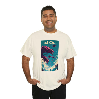 Man wearing cream Wolf Wyrm tee with hands in pockets.