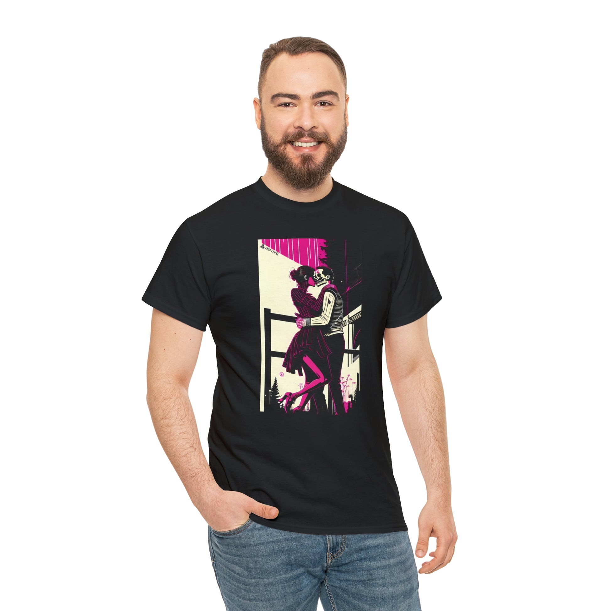 Man wearing Deadly Romance black tee with hand in right pocket.