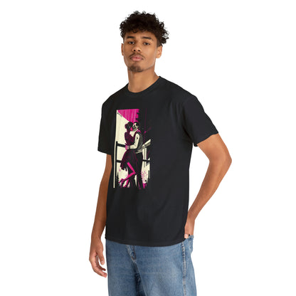 Man wearing Deadly Romance black tee with hand in back pocket.