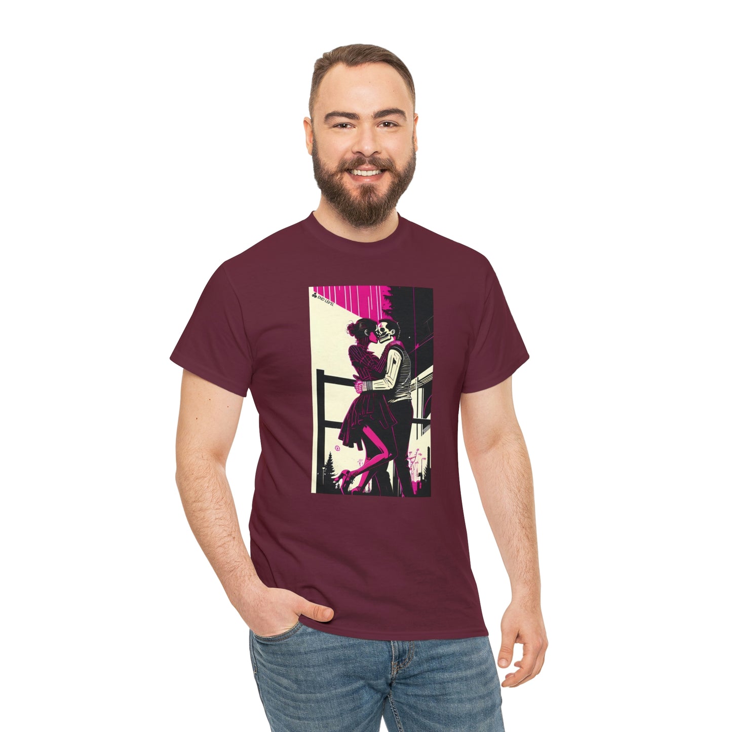 Man wearing Deadly Romance maroon tee with hand in right pocket.