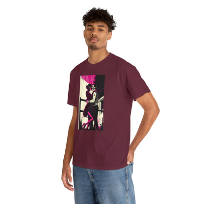 Man wearing Deadly Romance maroon tee with hand in back pocket.