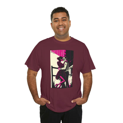 Man wearing Deadly Romance design maroon tee with hands in pockets.