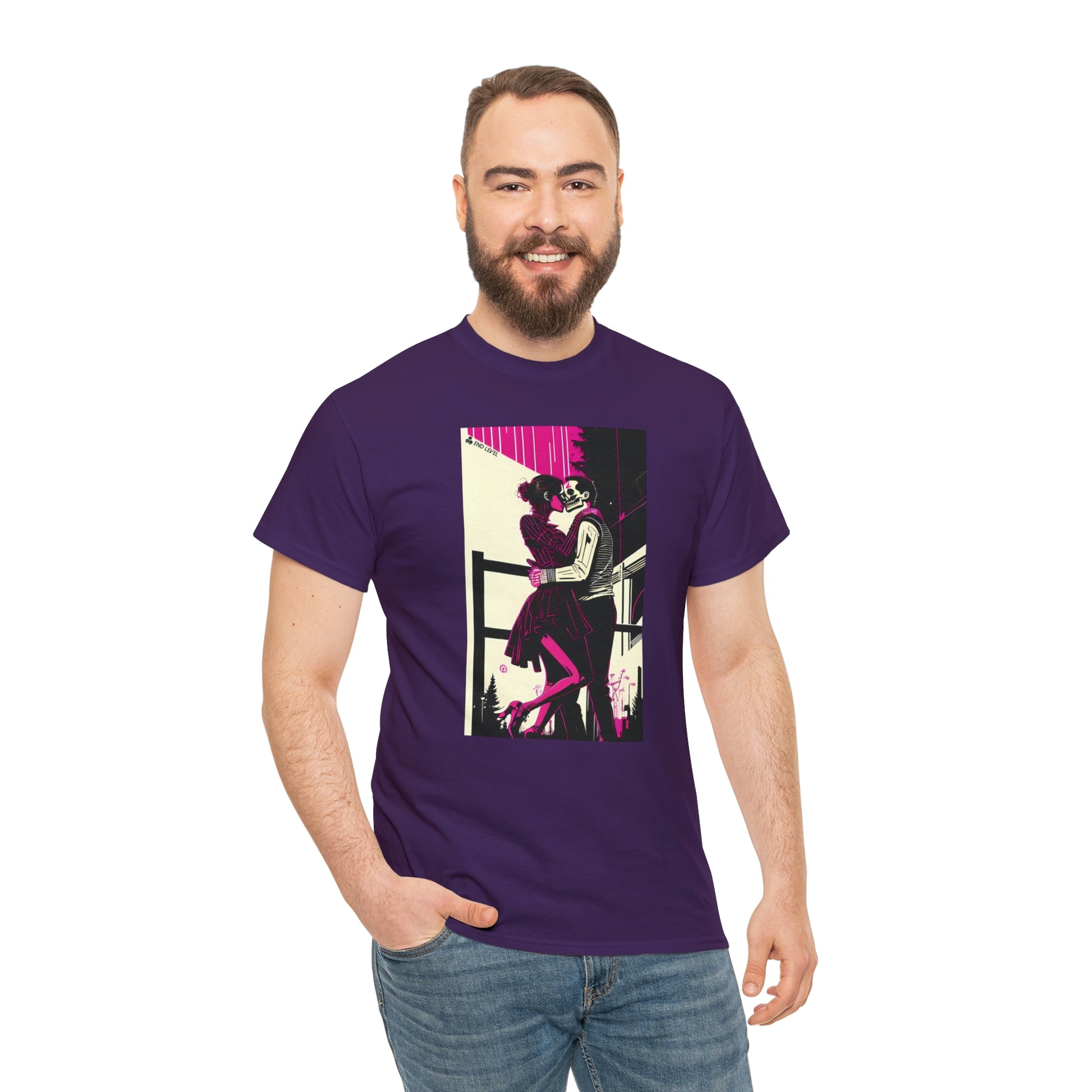 Man wearing Deadly Romance purple tee with hand in right pocket.