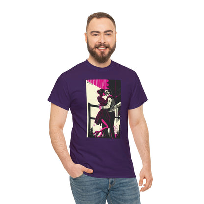 Man wearing Deadly Romance purple tee with hand in right pocket.