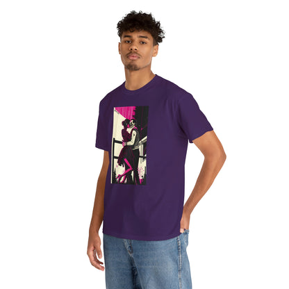 Man wearing Deadly Romance purple tee with hand in back pocket.