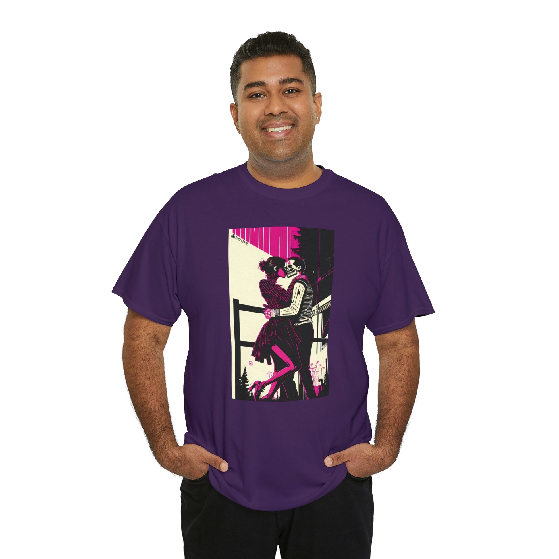 Man wearing Deadly Romance design purple tee with hands in pockets.