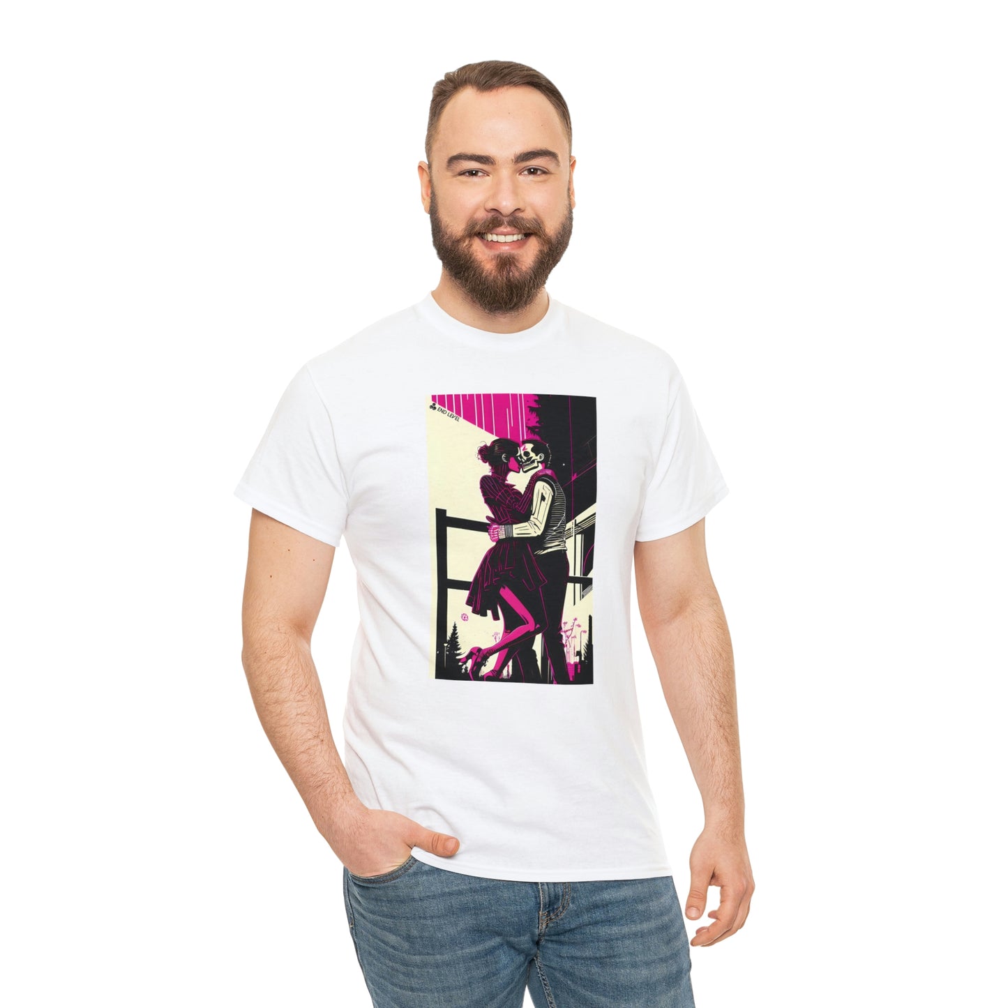 Man wearing Deadly Romance white tee with hand in right pocket.