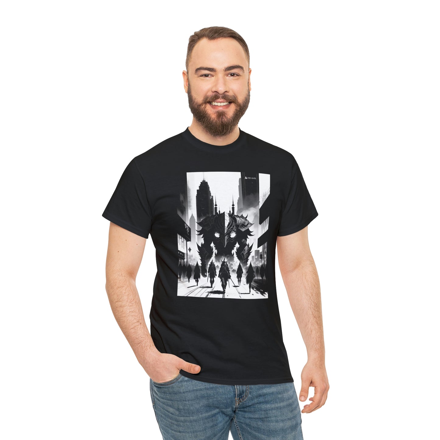 Man wearing Invasion black tee with hand in right pocket.