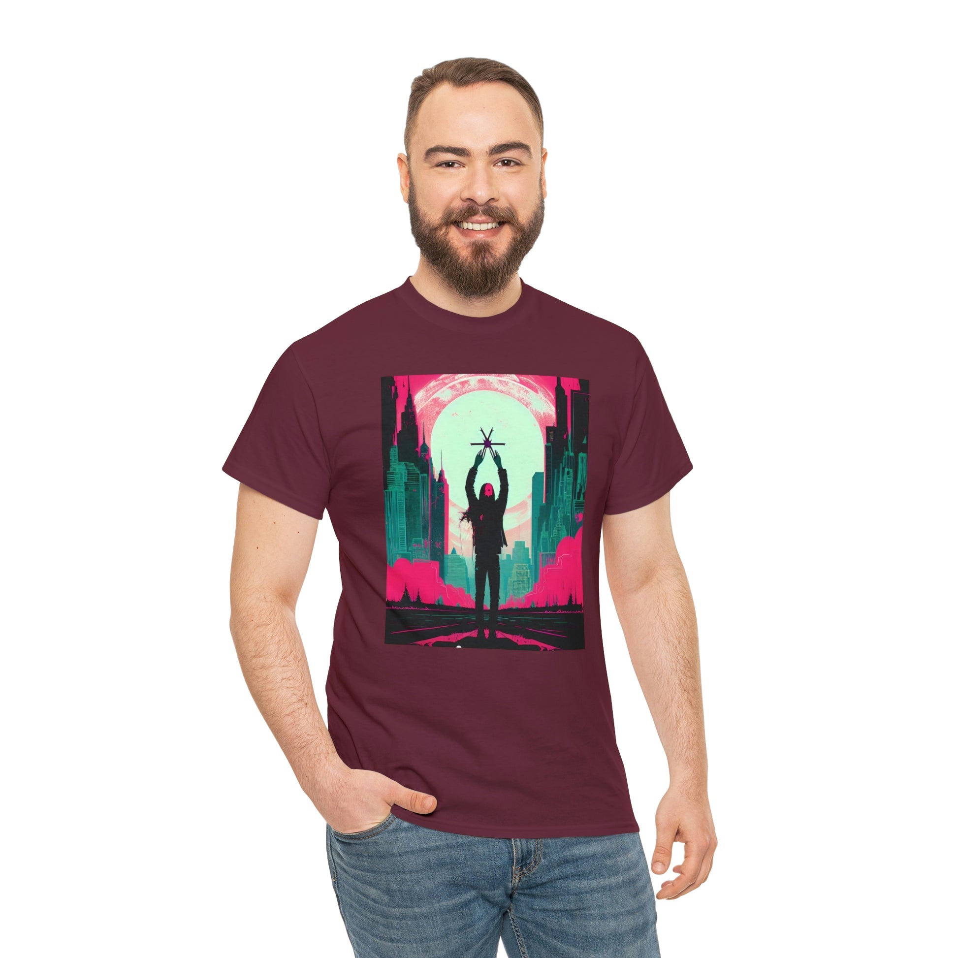 Man wearing maroon Last Hands Raised tee with hand in right pocket.